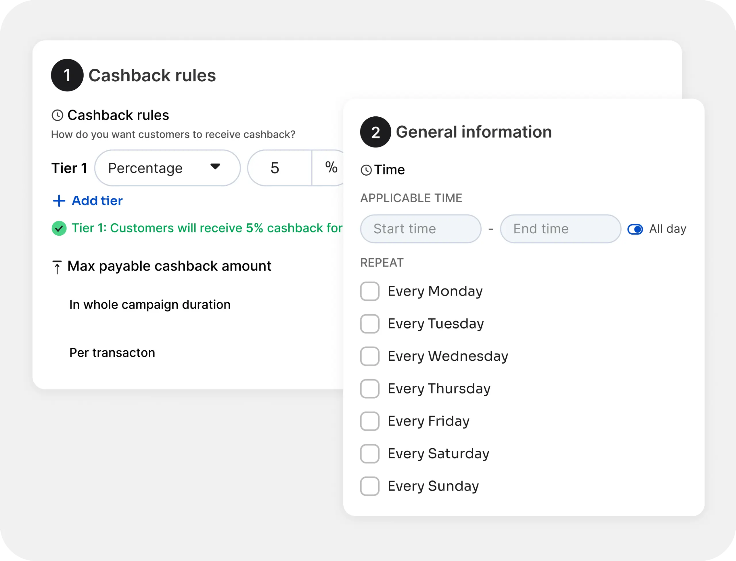 A cashback-rules builder: set the tier percentage, order minimum and campaign schedule