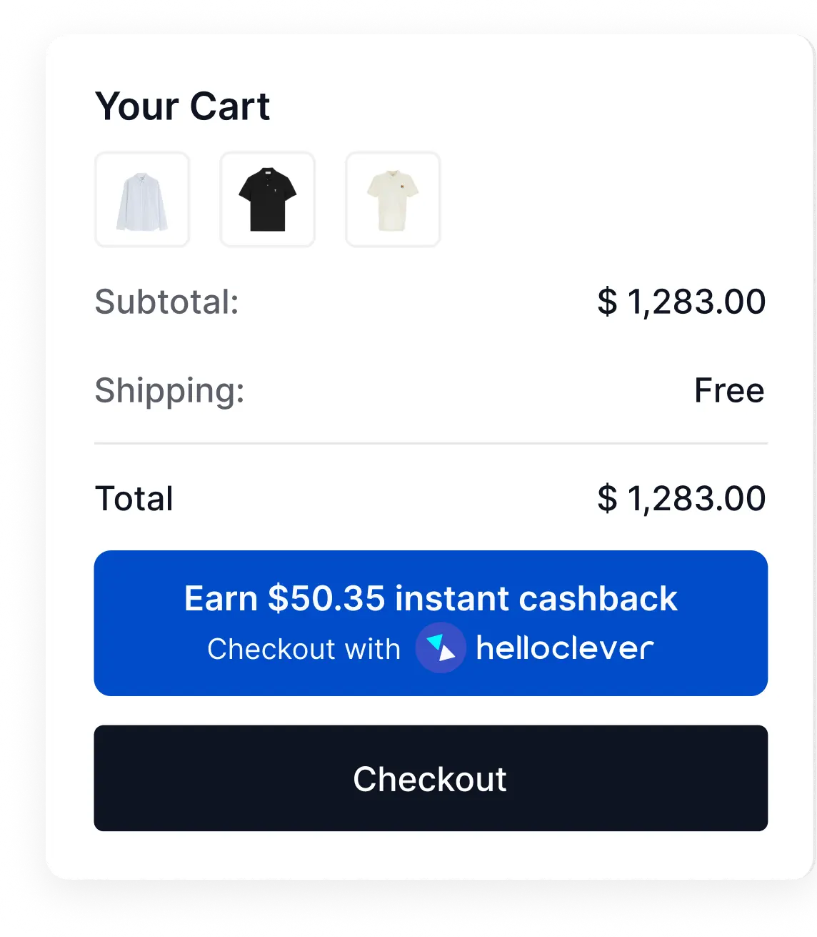 A Hello Clever cart earning $50.35 instant cashback