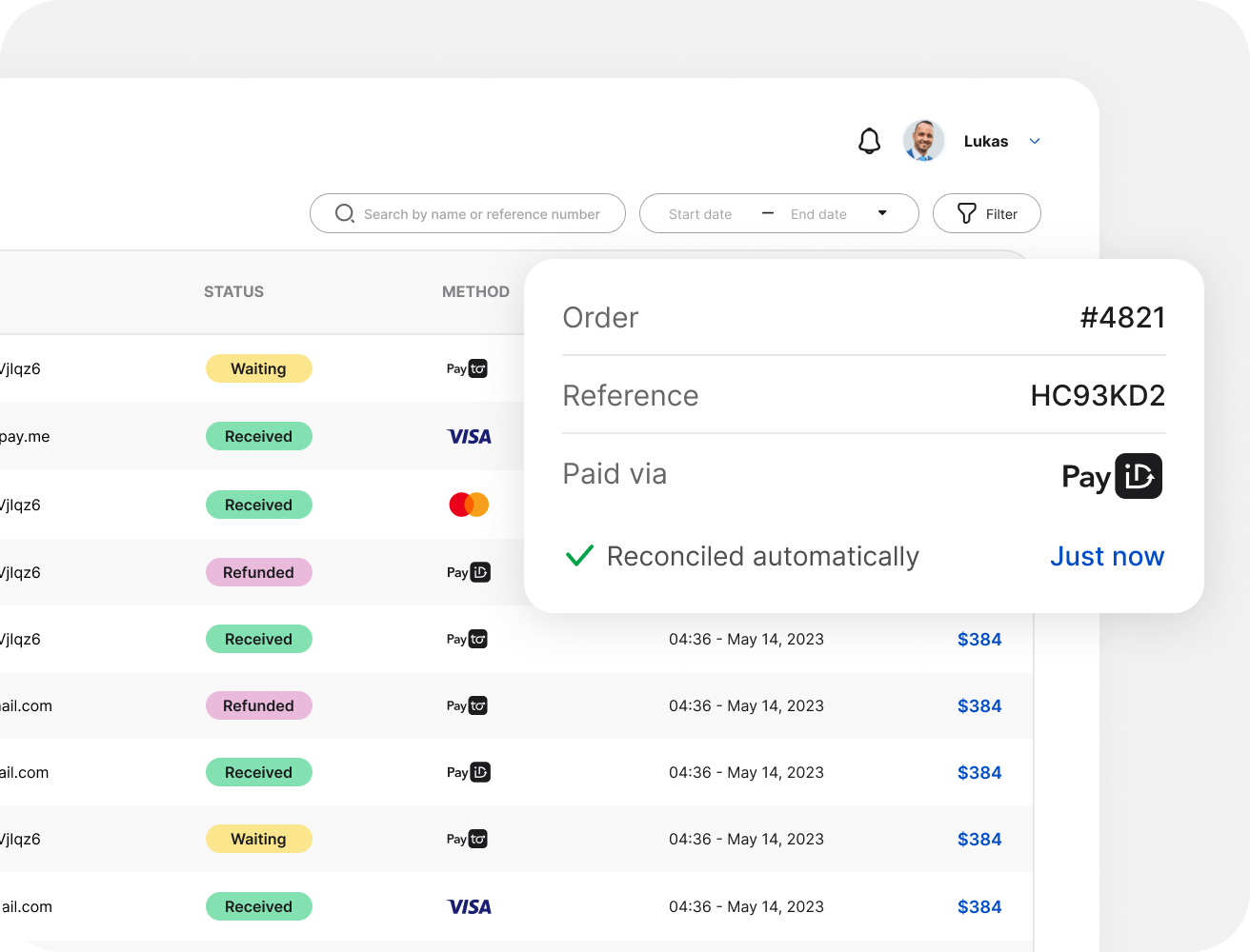 A Hello Clever dashboard reconciling a PayID order #4821 automatically the moment it is paid