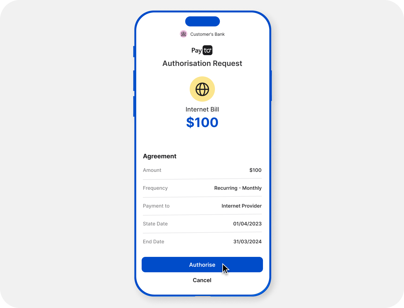 A PayTo authorisation request in a customer’s banking app for a $100 recurring monthly internet bill